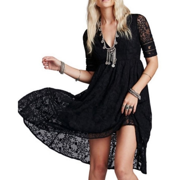 Free People Dresses & Skirts - Free People Rare Crochet Lace V-Neck Black Dress Size 6